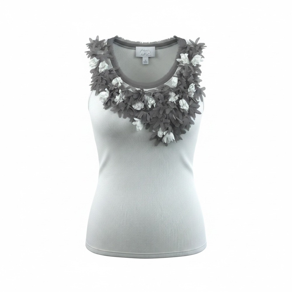 INC International Concepts Floral Applique Ribbed Tank Top‎ White Grey Petite P